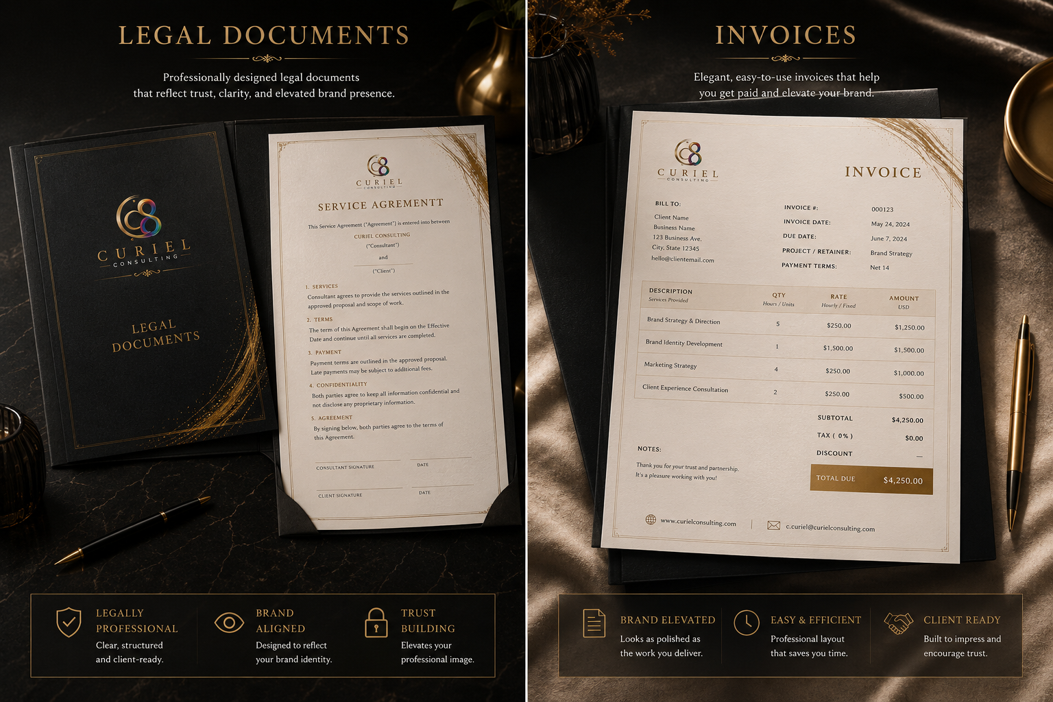 Curiel Consulting legal documents and invoice mockup
